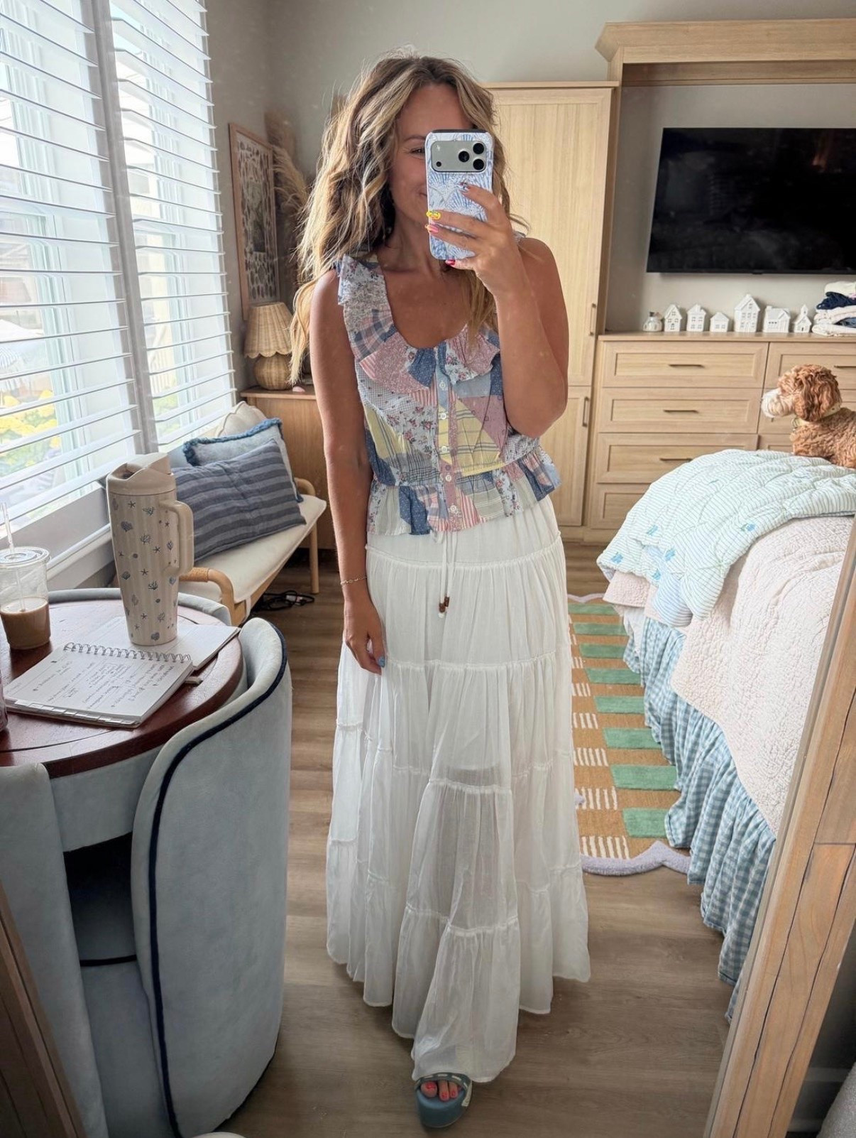 The outfit that makes you feel instantly feminine. 🤍🌸 This flowy white maxi skirt paired with the sweetest patchwork ruffle top is giving effortless cottagecore meets coastal chic. Perfect for brunch, weekend markets, vacation dinners, or those days you just want to feel a little extra pretty.

white maxi skirt, patchwork blouse, ruffle top, feminine outfit, cottagecore style, coastal style, boho outfit, romantic fashion, flowy skirt, vacation outfit, brunch outfit, summer to fall style, effortless outfit, everyday chic.