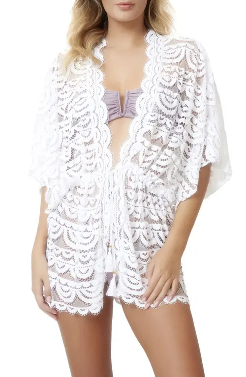 PQ SWIM Noah Lace Tie Waist Cover-Up Tunic in Water Lily at Nordstrom, Size Medium | Nordstrom