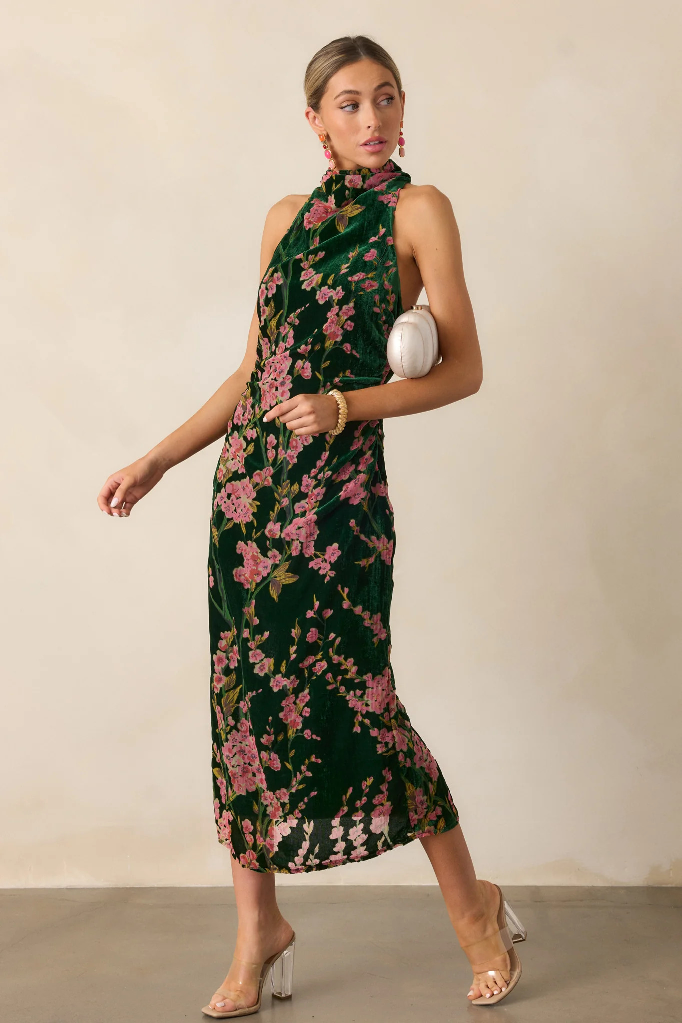 Never Better Emerald Green Floral Halter Maxi Dress | Red Dress