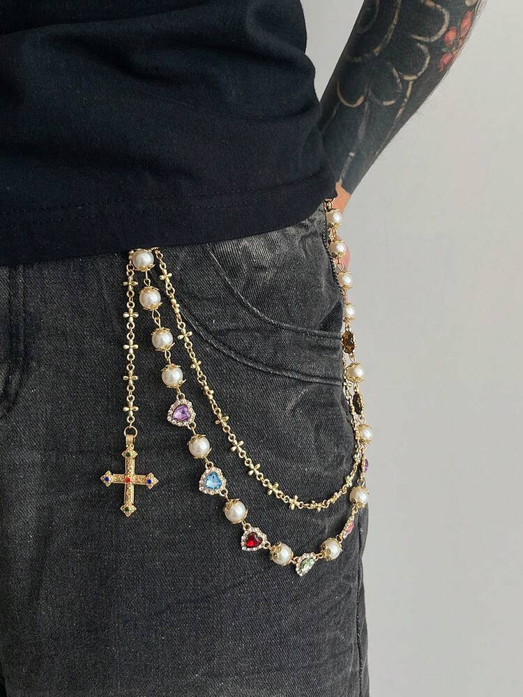 1pc Vintage Luxurious Multi-Color Rhinestone Cross Pants Chain, Men's Hip Hop Charm Body Chain, Used For Pants Decoration | SHEIN