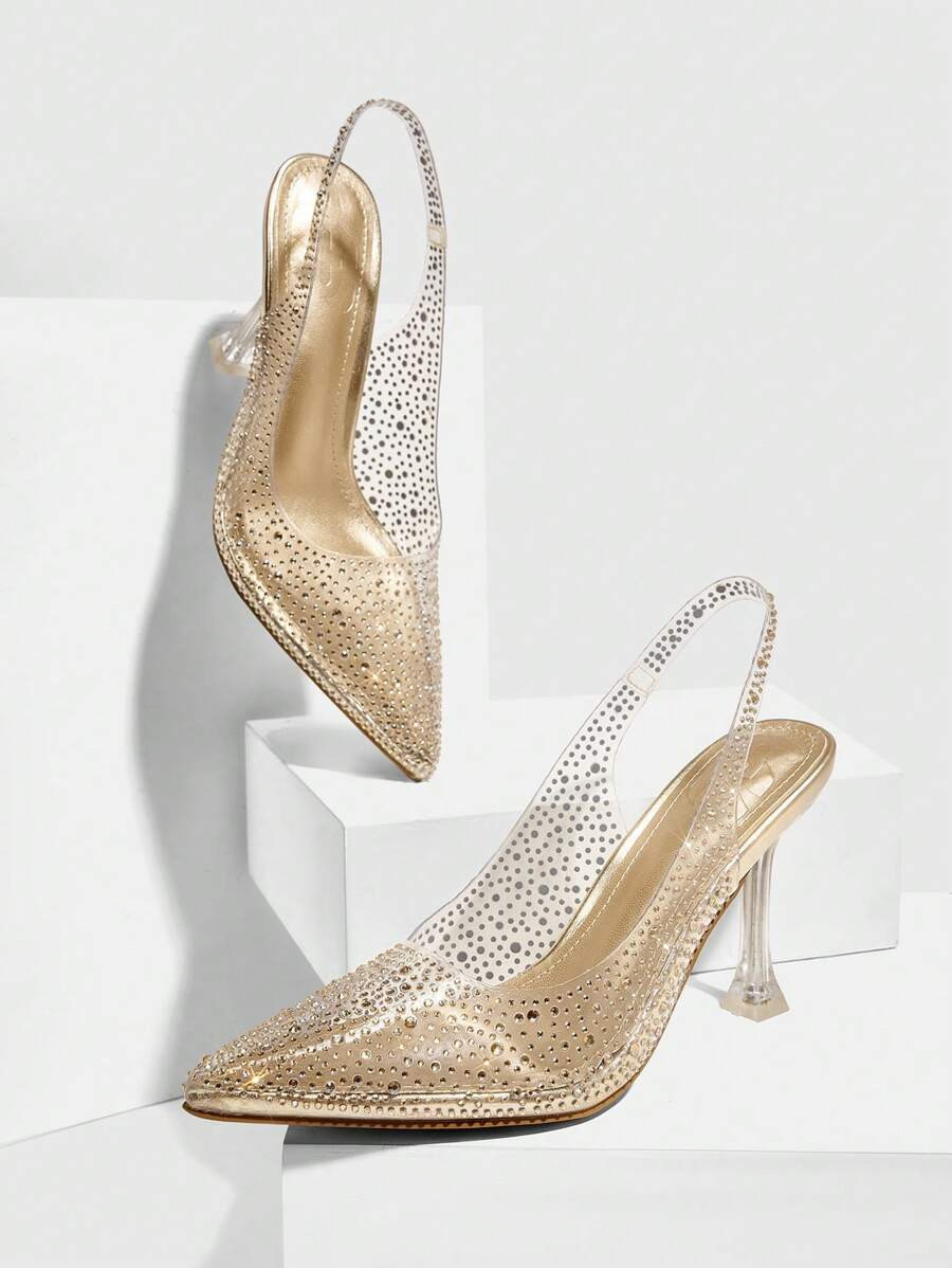 CUCCOO SZL Fashion Gold Transparent PVC Full Rhinestone Pointed Toe High Heel Sandals, Women Shoe... | SHEIN