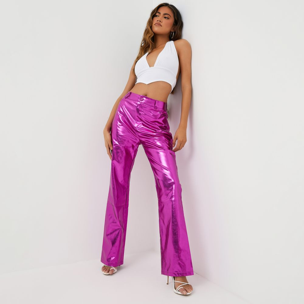 High Waist Straight Leg Trousers In Pink Shiny Metallic | EGO Shoes (US & Canada)