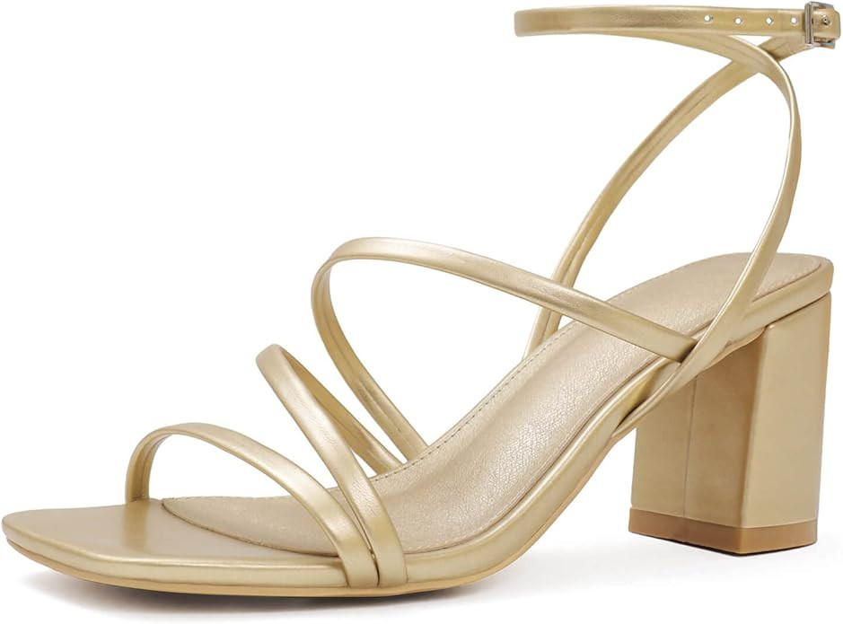 LACUONE Strappy Heels for women Block Heels Square Toe Chunky Ankle Buckle Pump Heeled Sandals | Amazon (US)