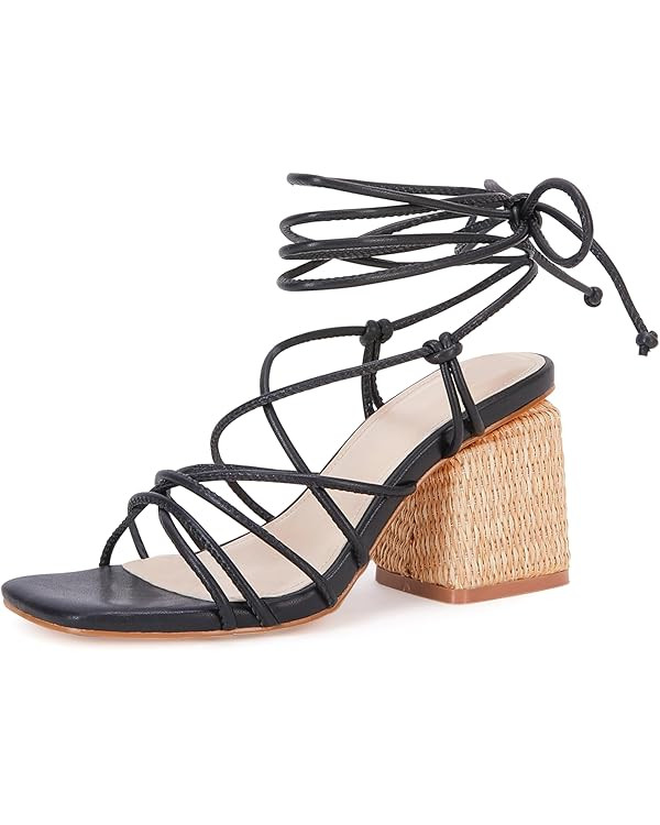 PiePieBuy Women's Lace Up Chunky Braided Heel Sandals Square Toe Strappy Ankle Strap Heels | Amazon (US)