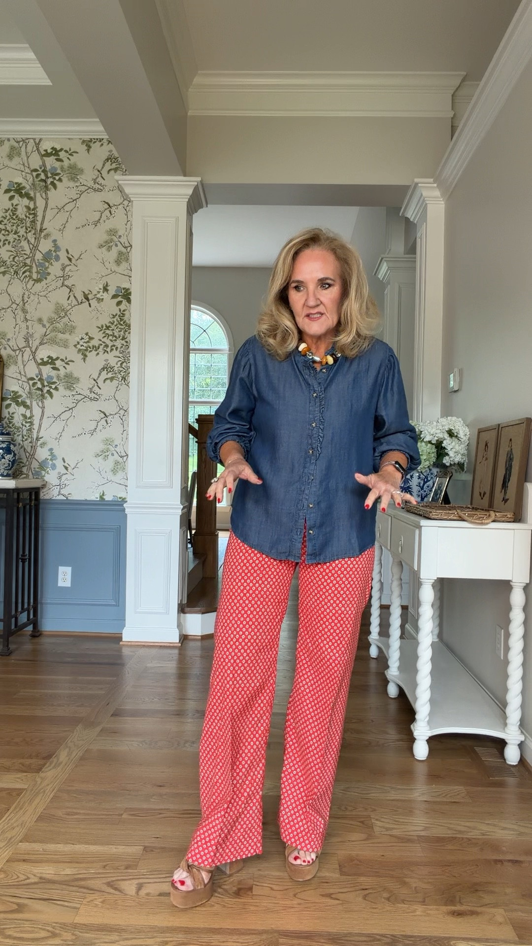 New print in the full length Colette pants I’m wearing a size 29 regular which means I need to wear a little heel with them. They are available in petite
I love this Tencel blouse. Excellent quality. I’ve loved this brand for years. I’m in my regular size.
When the cooler temps come, add a faux suede bomber jacket. I’m wearing a petite medium.
Suede platform heels are true size

Fall outfits, fall jacket, denim shirt, chambray  shirt, easy casual fall outfits

#LTKOver40 #LTKootd #LTKgrwm