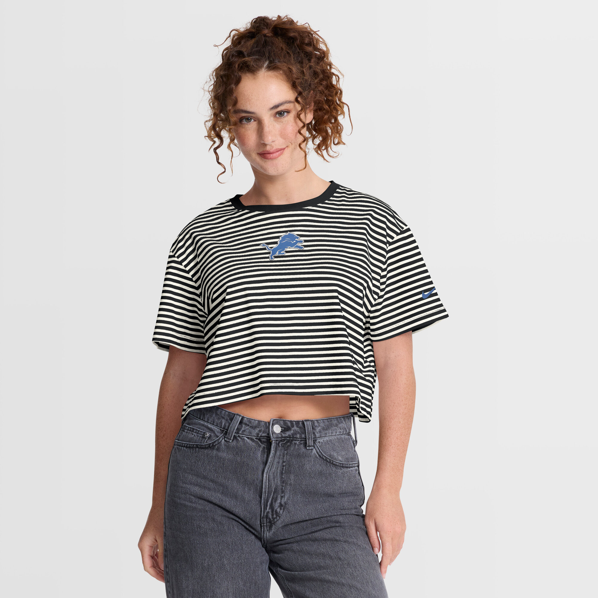Women's Nike Black/Cream Detroit Lions Striped Cropped T-Shirt | NFL Shop