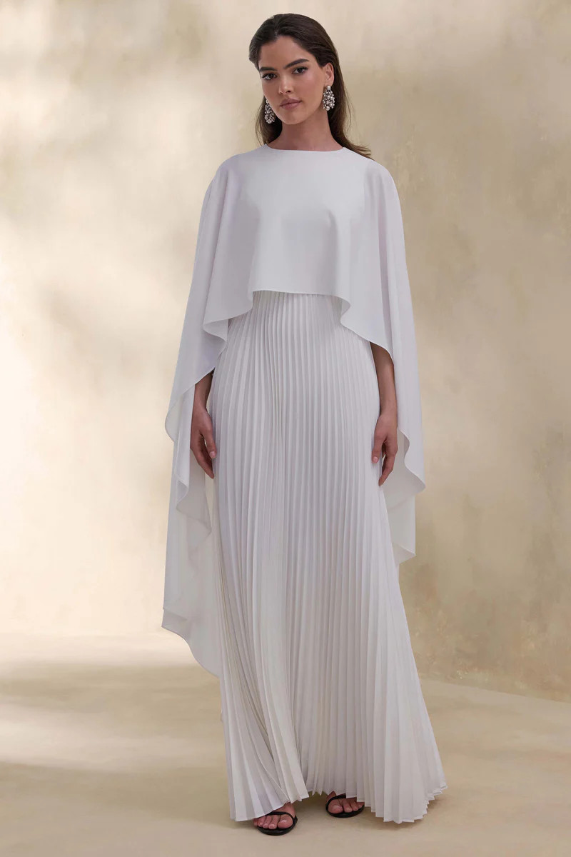 Loradia | Cream Satin Round-Neck Maxi Dress With Cape-Sleeves And Pleated-Skirt | Club L London