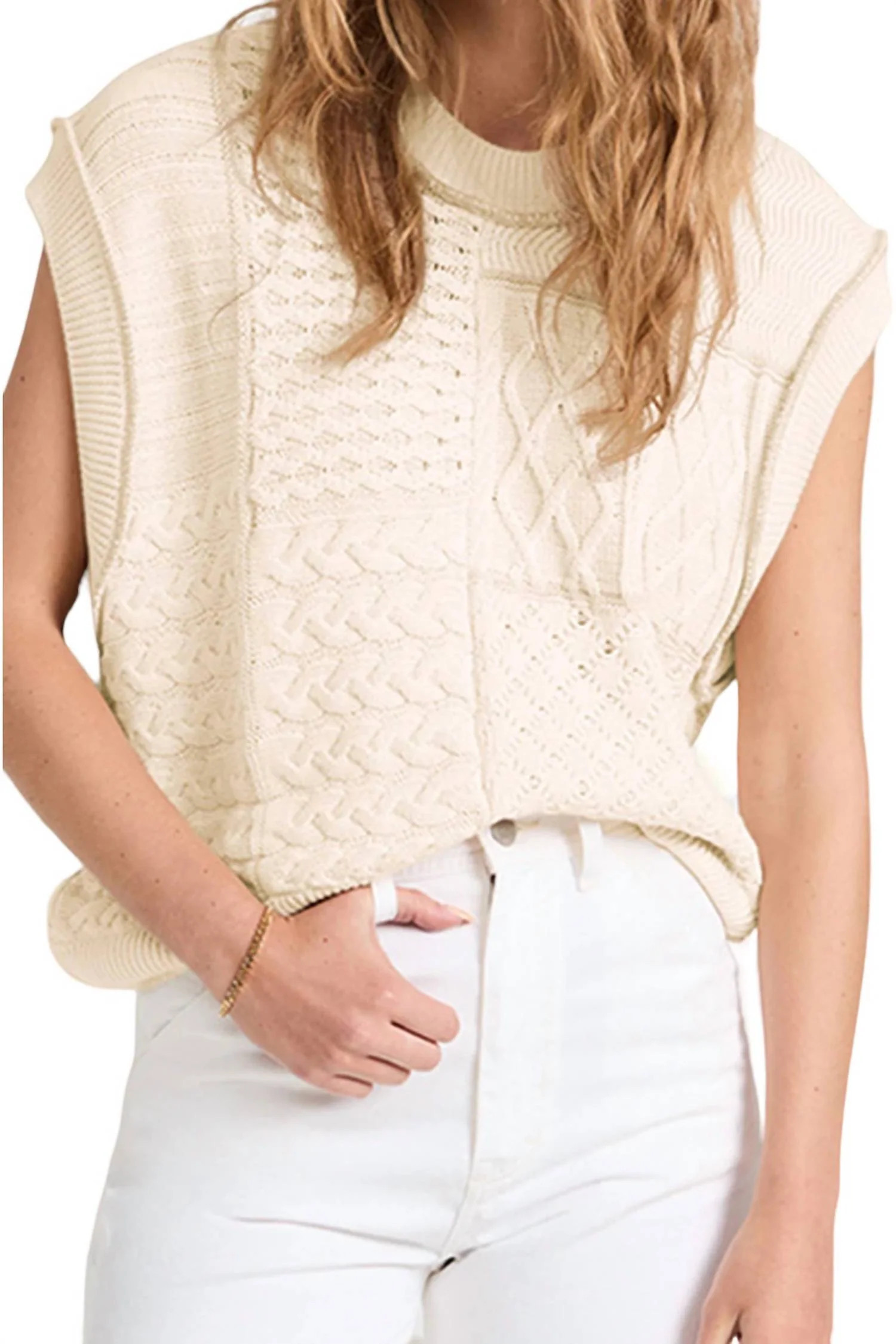 Mixed Cable Knit Sweater Vest In Cream | Shop Simon