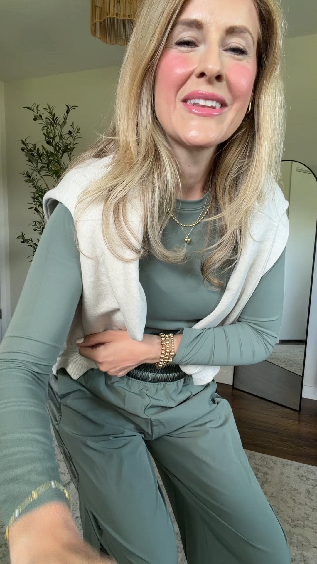 Walmart athleisure pants I absolutely love, they have four way stretch, fabric is a little noisy like a nylon but very comfy and the wide leg with satin stripe is so cool. Medium in top and bottom. #walmartfashion

#LTKOver40