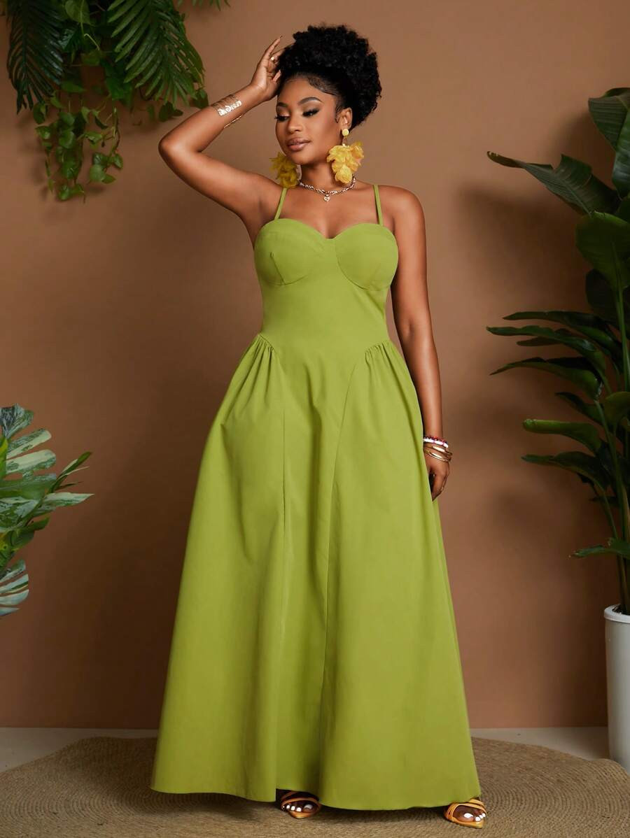 Maweii Plus Size Women Solid Color Ruched Cami Midi Dress, Fashionable & Vacation | SHEIN