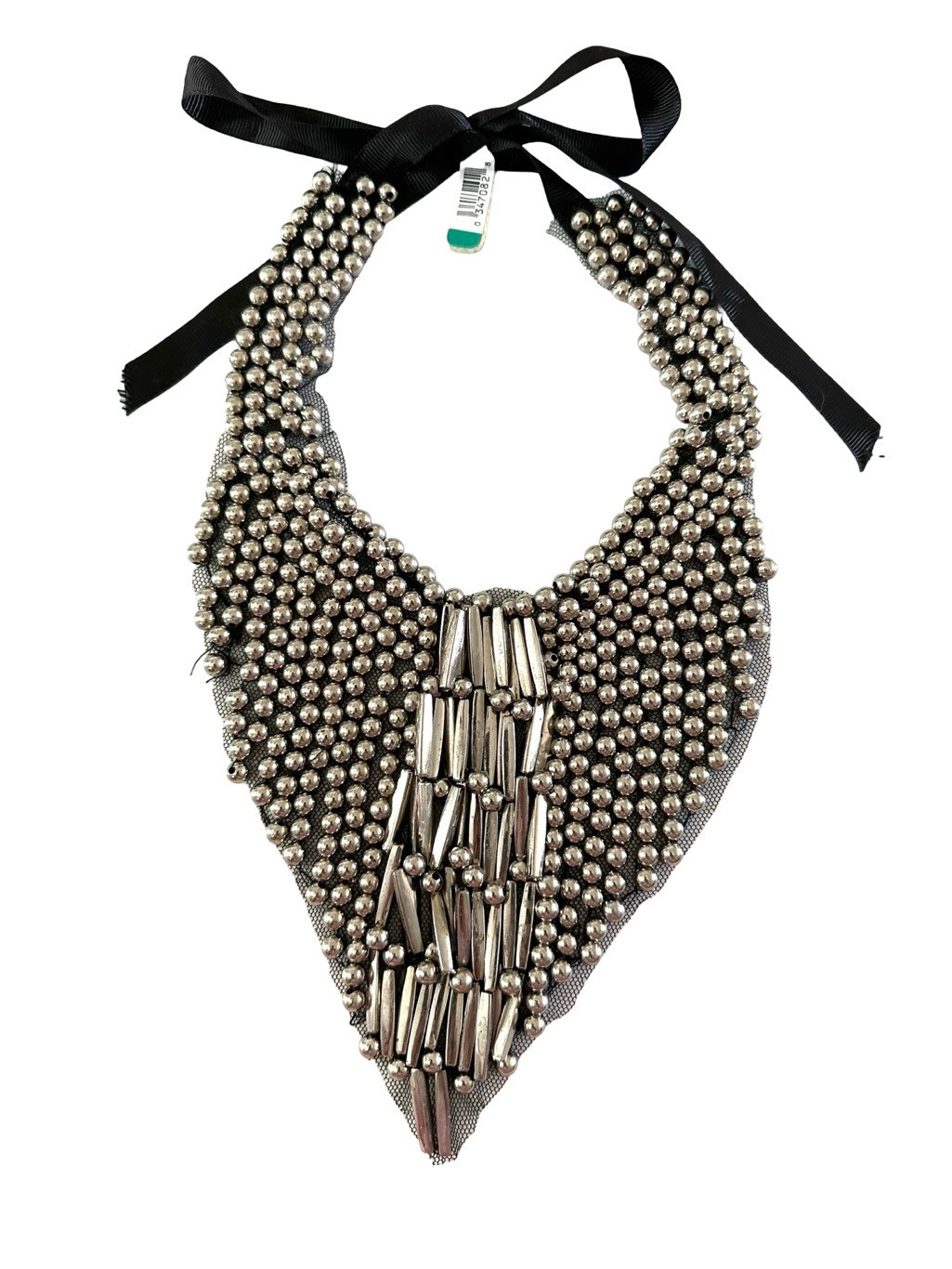 Handmade Beaded Bib Necklace With Ribbon Tie In Silver | Poshmark