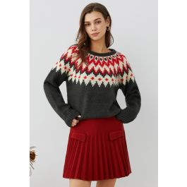 Winter Whimsy Fair Isle Ribbed Knit Sweater in Smoke | Chicwish