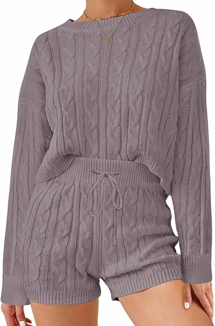 ZESICA Women's Casual 2 Piece Sweater Sets Long Sleeve Cable Knit Pullover Tops and Drawstring Short | Amazon (US)