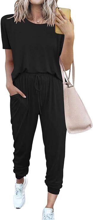Necosthua Women's Two Piece Outfit Short Sleeve Pullover With Drawstring Long Pants Tracksuit Jog... | Amazon (US)