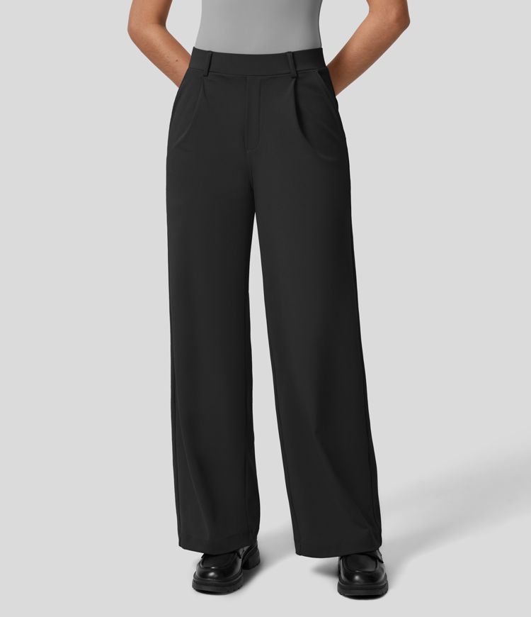 High Waisted Plicated Side Pocket Straight Leg Work Pants | HALARA