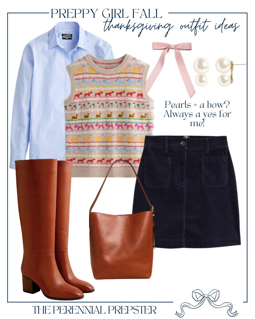 Preppy Girl Fall Thanksgiving Outfit Idea: I think this look is so...fun! I love the Fair Isle vest, very colorful without being over-the-top. And the navy corduroy skirt is a classic, too! I've heard nothing but good things about these J.Crew tall leather boots and they pair so well with this cognac leather bag. To tie this look together, I added a beautiful blush bow and my go-to pearl earrings.  

 #LTKHoliday #LTKSeasonal
