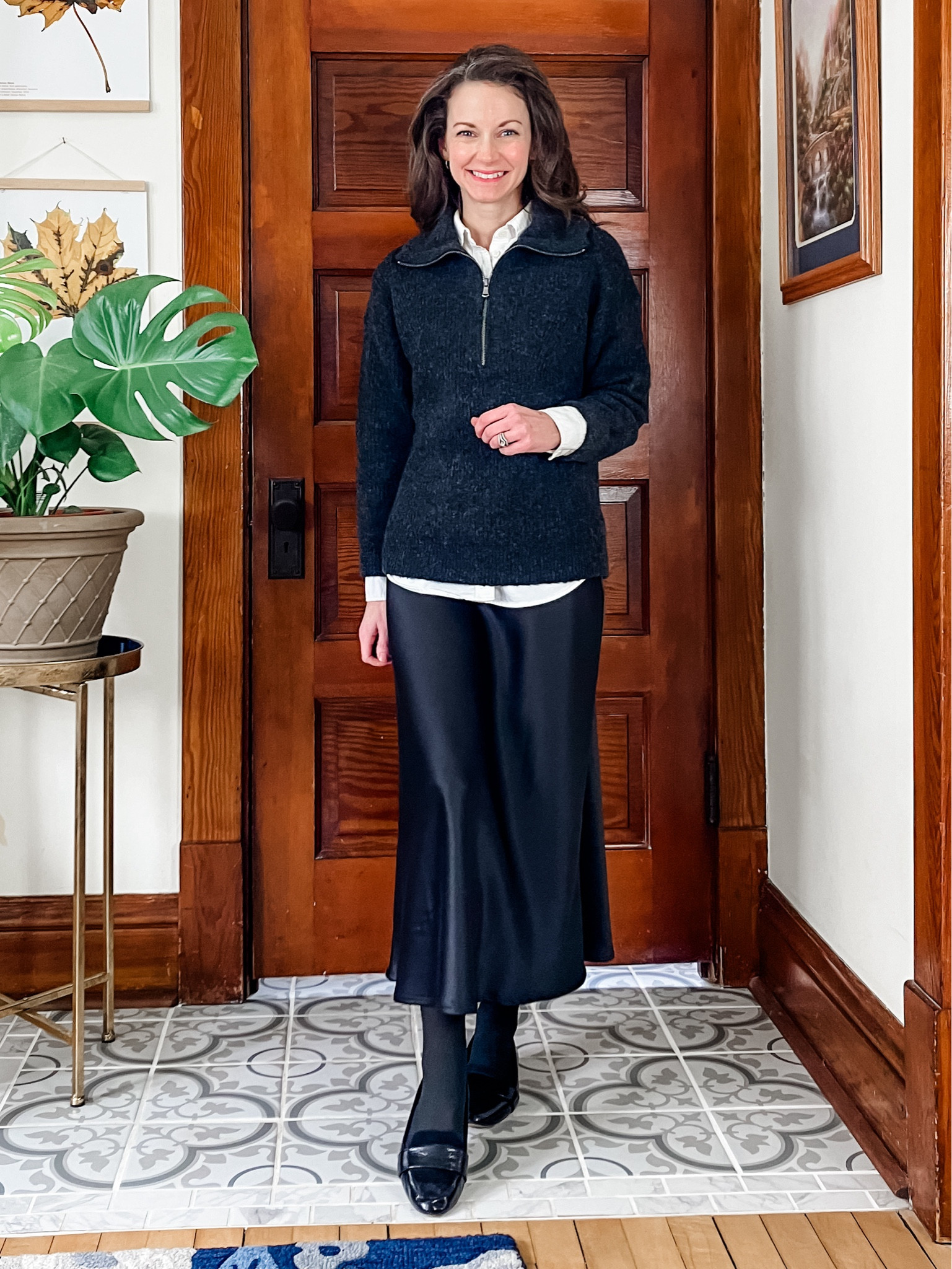 Satin skirt for winter!
Petite outfit. Classic outfit. Preppy outfit. Neutral outfit  

#LTKOver40 #LTKStyleTip #LTKPetite