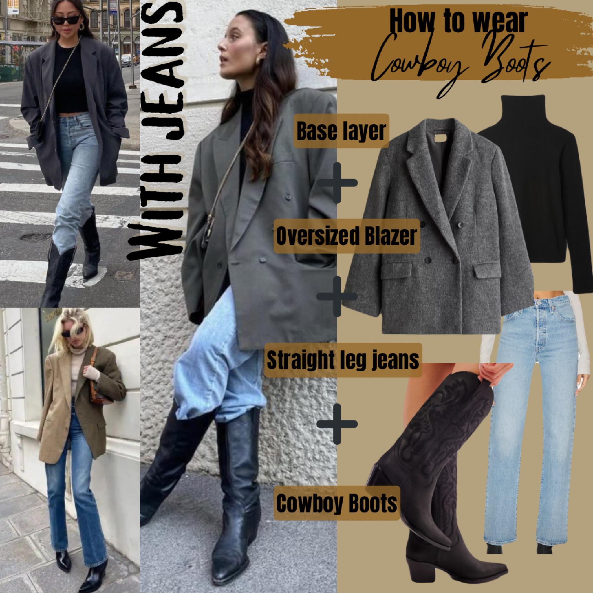 How to wear cowboy boots: with jeans. Tuck in or layer over your denim! This easy chic look is great for brunch or dinner with the girls! Start with a base layer, add an oversized blazer, straight leg jeans, and your cowboy boots!

#LTKShoeCrush #LTKStyleTip #LTKSaleAlert