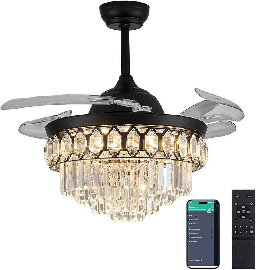 36" Dimmable Black Fandelier Crystal LED Ceiling Fans with Lights and Remote Modern Retractable B... | Amazon (US)