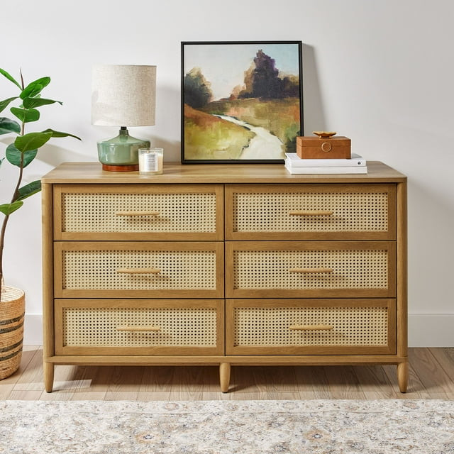 Better Homes & Gardens Springwood Caning 6-Drawer Dresser, Light Honey Finish | Walmart (US)