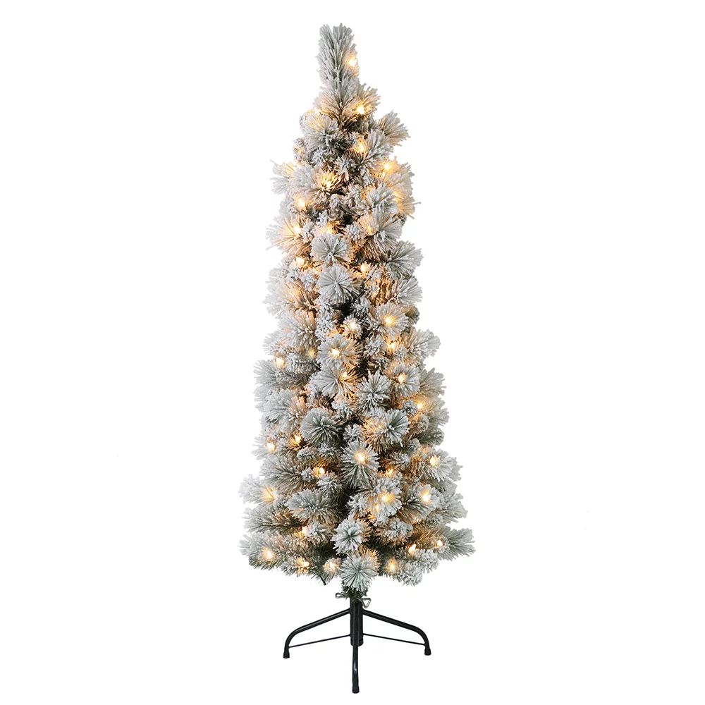 Puleo International 4.5 ft. Pre-Lit Flocked Portland Pine Pencil Artificial Christmas Tree with 1... | Walmart (US)