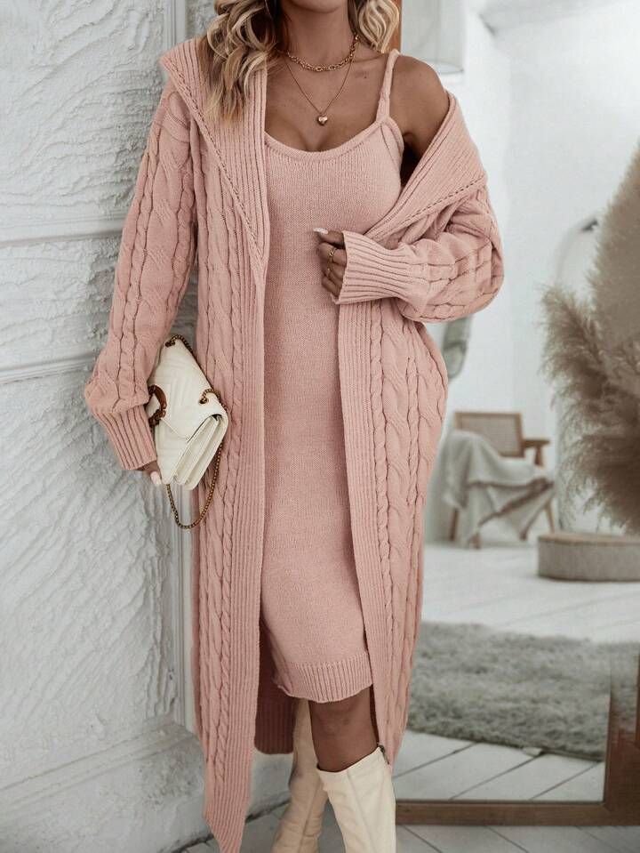 SHEIN Essnce Cable Knit Drop Shoulder Duster Cardigan & Cami Sweater Dress | SHEIN