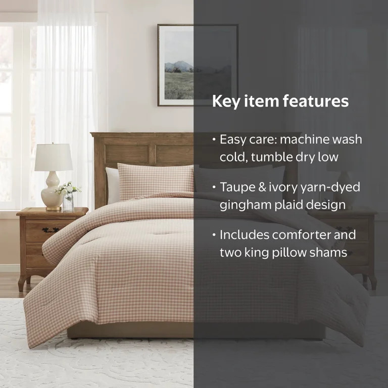 My Texas House Collins 3-Piece Taupe Gingham Cotton Comforter Set, King | Walmart (US)