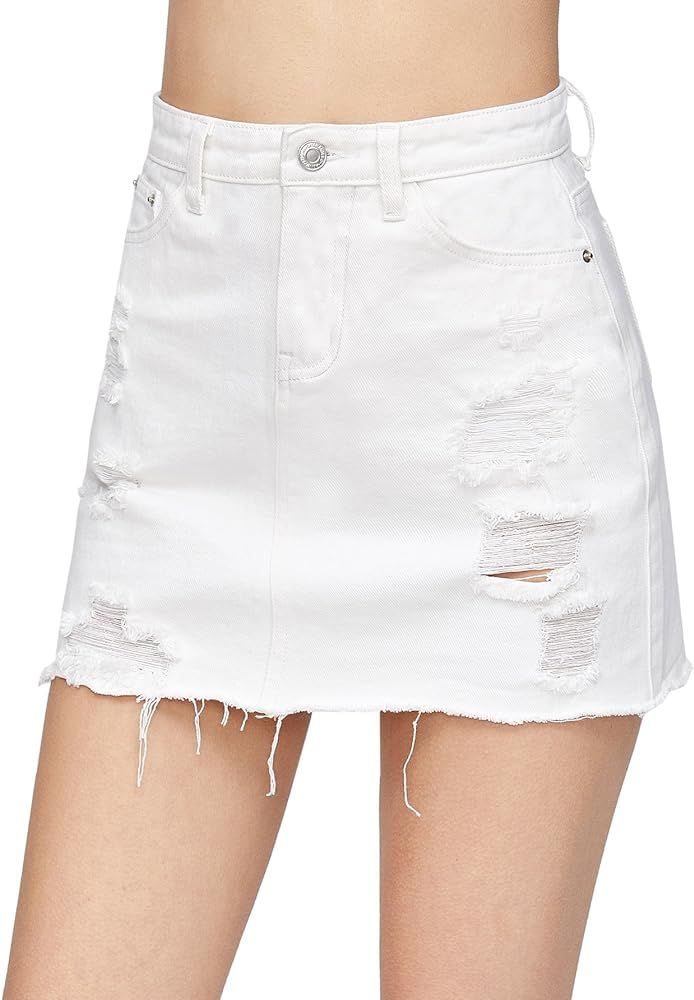 Verdusa Women's Casual Distressed Fray Hem A-Line Denim Short Skirt | Amazon (US)