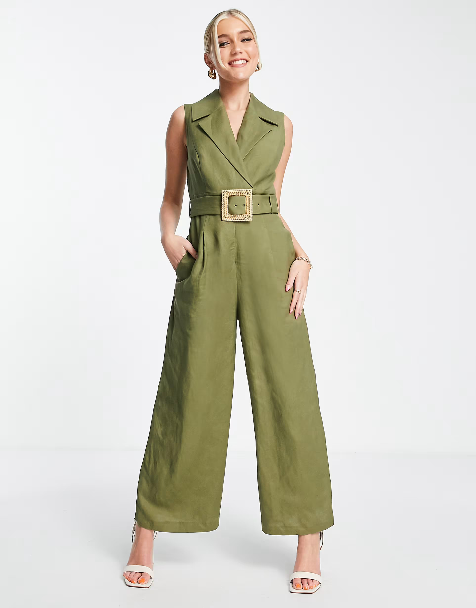 Ever New tie waist wide leg jumpsuit in olive | ASOS (Global)