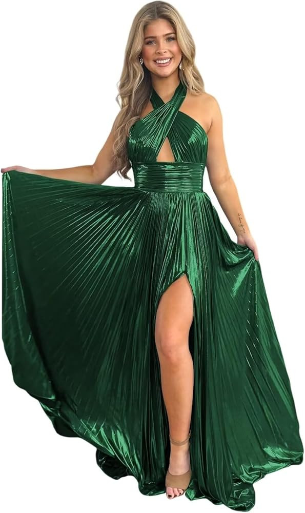 UZN Metallic Sparkly Satin Prom Dresses Long with Split Pleated Formal Evening Party Gowns | Amazon (US)