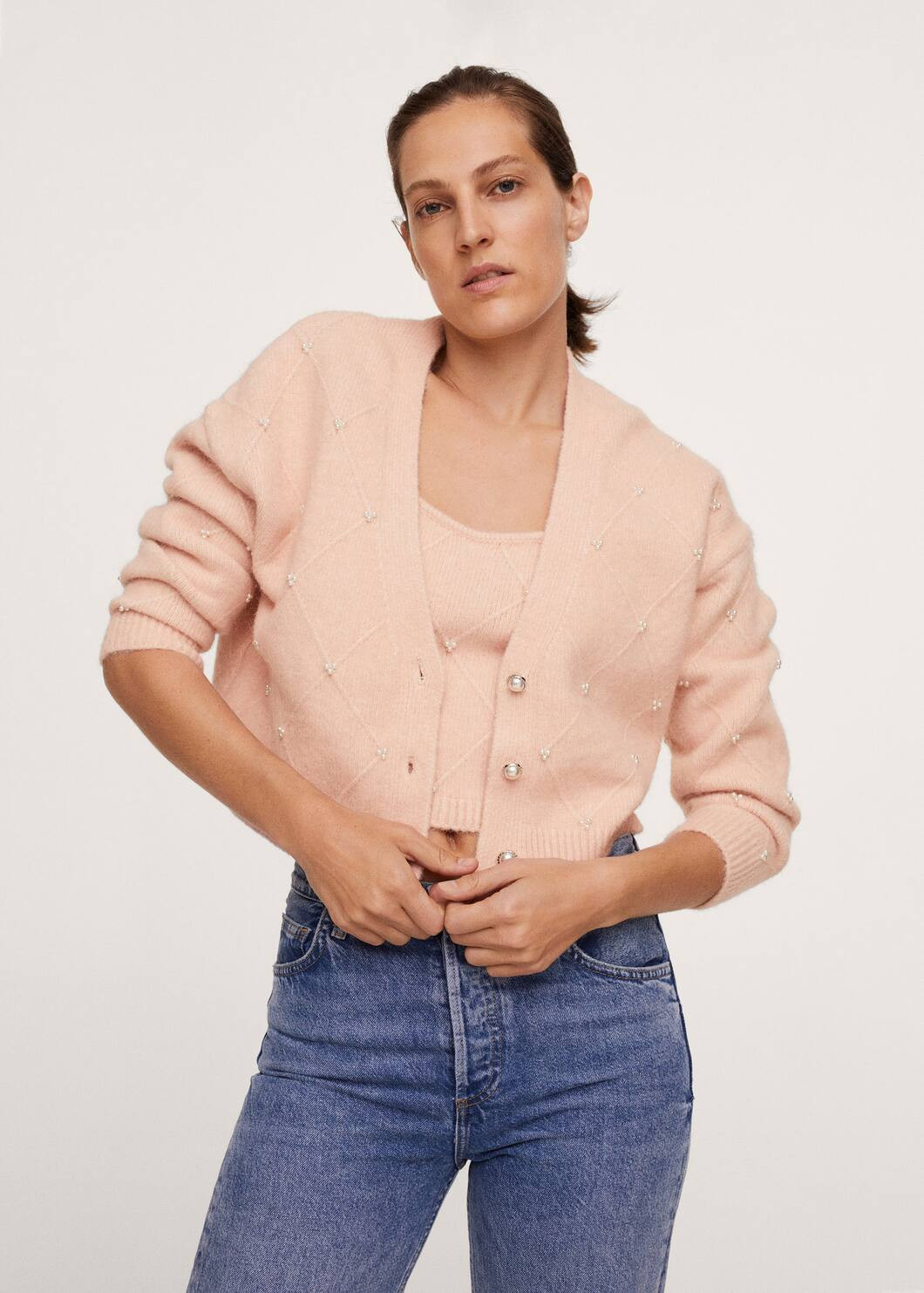 Knitted cardigan with pearls | MANGO (US)
