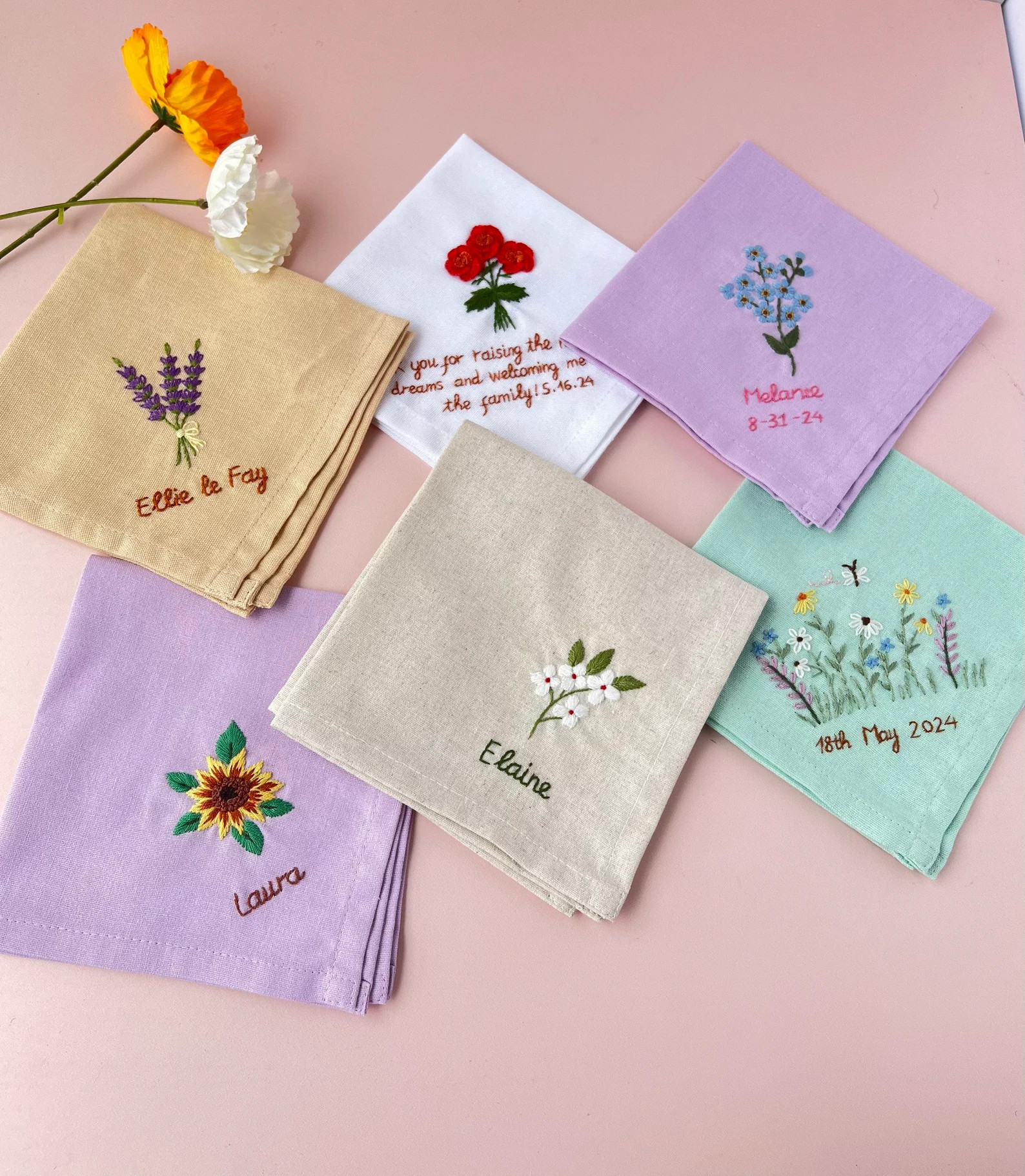Custom Embroidered Handkerchiefs, Personalized Linen Embroidered Handkerchief, Wild Flower Handke... | Etsy (US)