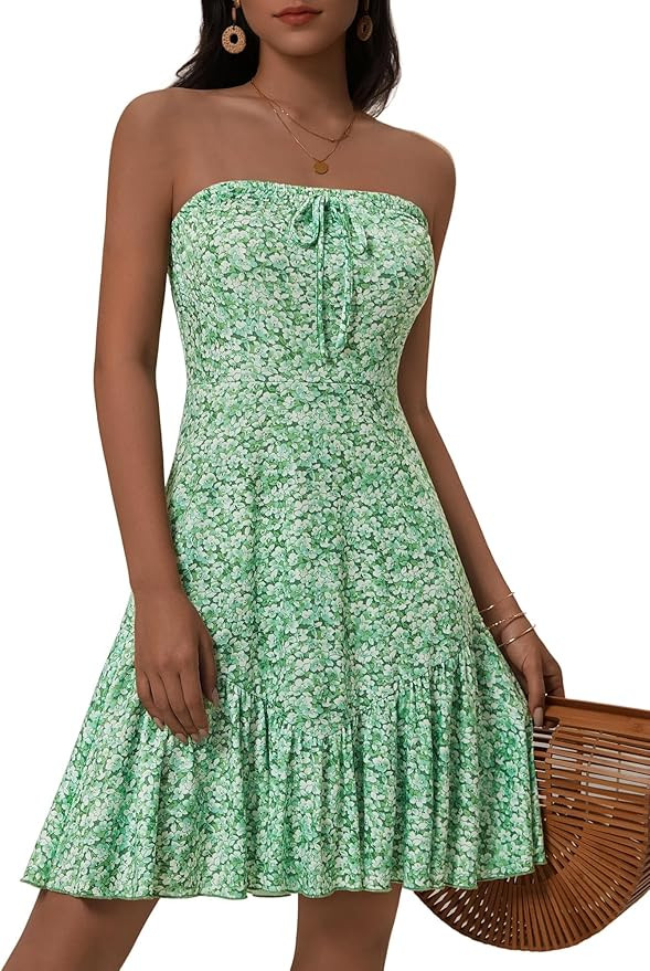 FENSACE Women's Summer Vacation Strapless Tube Floral A Line Sundress Mini Beach Dress | Amazon (US)