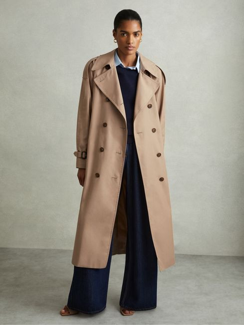 Jenna Camel Double Breasted Belted Trench Coat | Reiss UK