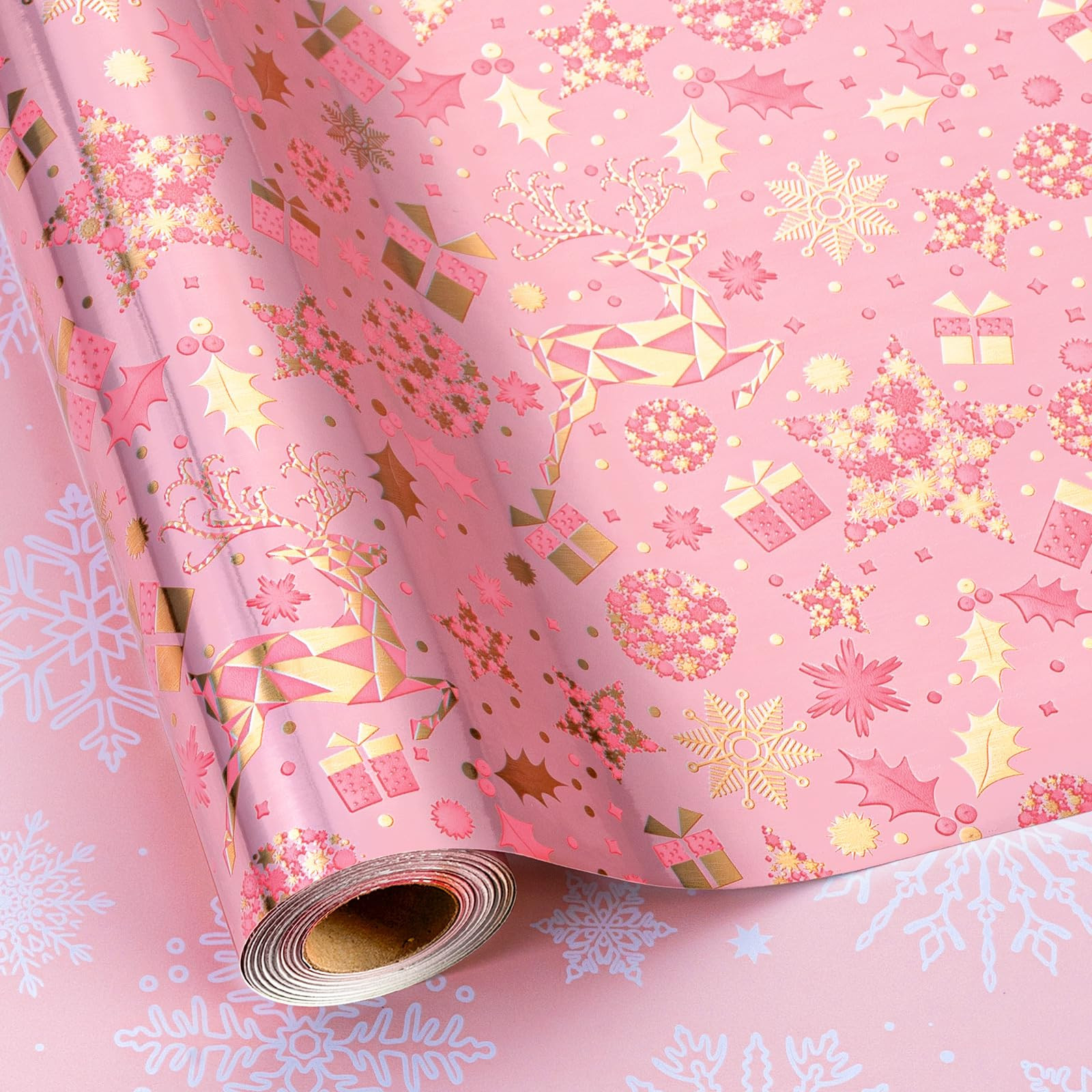 MAYPLUSS Christmas Wrapping Paper Roll - 17 Inch X 33 Feet - Gold Reindeer Star Snowflake Star Re... | Amazon (US)
