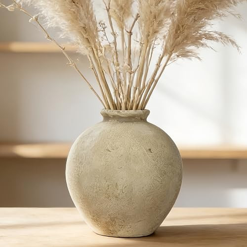 TDIAVH 7.87 Inch Beige Ceramic Rustic Vase, Handmade Farmhouse Flower Vases for Living Room & Home Decor, Vintage Pottery Vase for Table Centerpieces, Ceramic Vases for Shelf & Kitchen Decoration | Amazon (US)