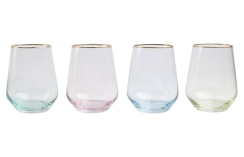 Asst. of 4 Rainbow Stemless Wineglasses, Clear | One Kings Lane