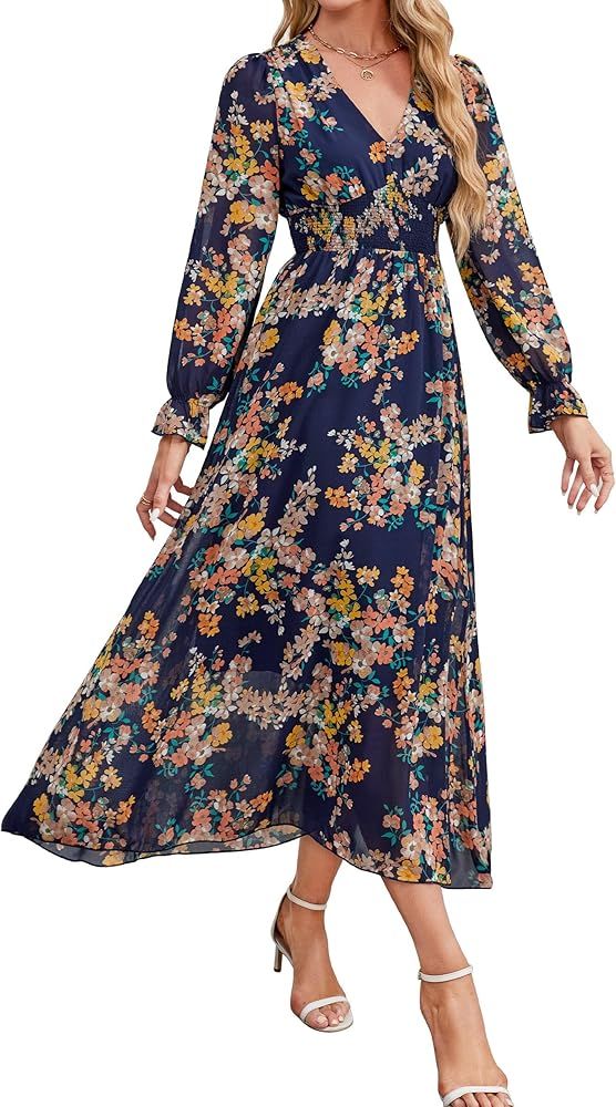 Women 2024 Floral Maxi Dress, Casual Long Sleeve V-Neck Empire Waist Fall Dress, Flowy Boho Weddi... | Amazon (US)