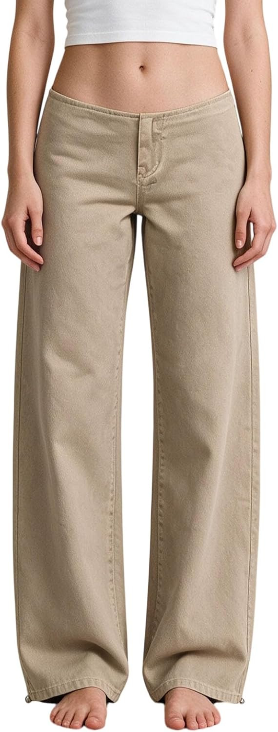 Adjustable Low Rise Jeans for Women Baggy Wide Straight Leg Denim Pants | Amazon (US)