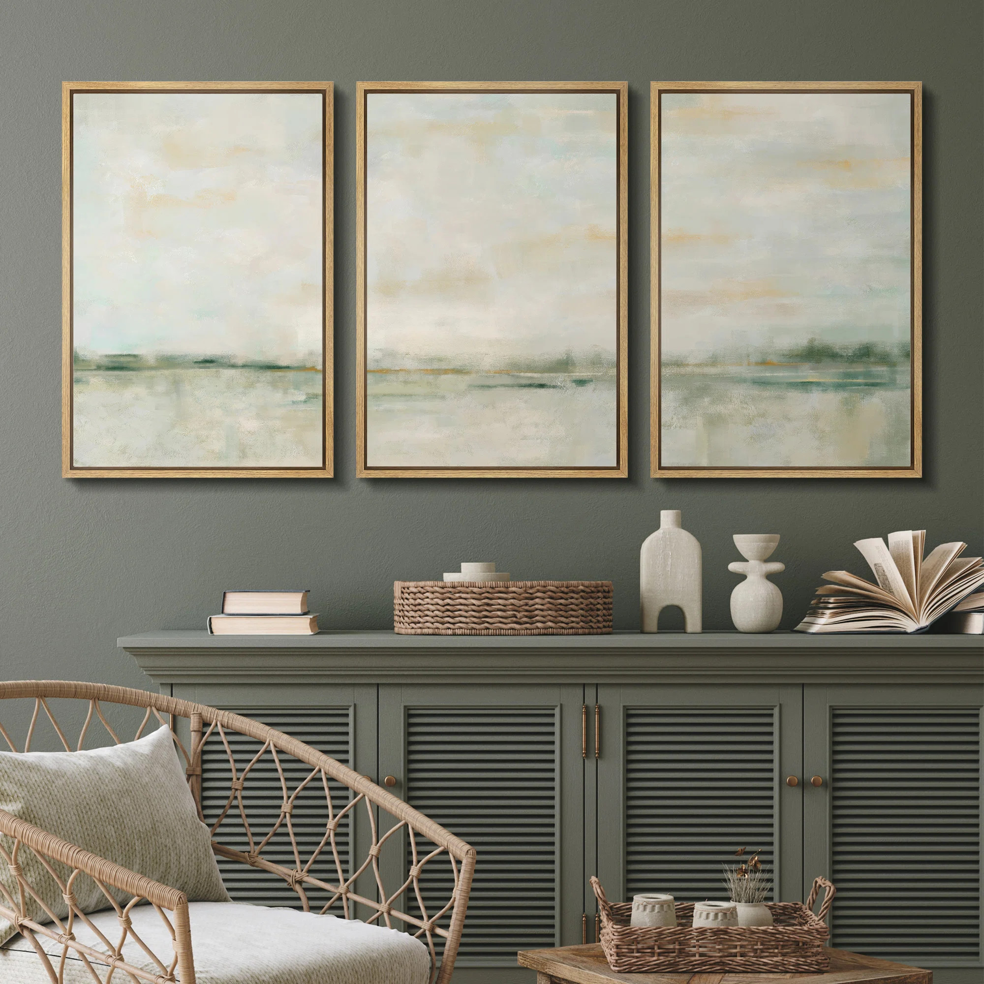Minimal Landscape Grunge Green Pastel  Abstract Illustrations Framed Canvas 3 Pieces Print Wall A... | Wayfair North America