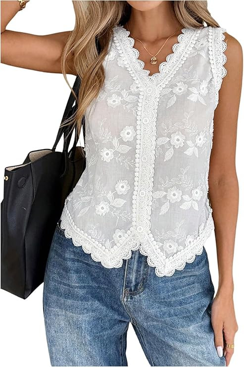 Milumia Women's V Neck Summer Tops Lace Floral Sleeveless Embroidered Beach Casual Blouse Shirt | Amazon (US)