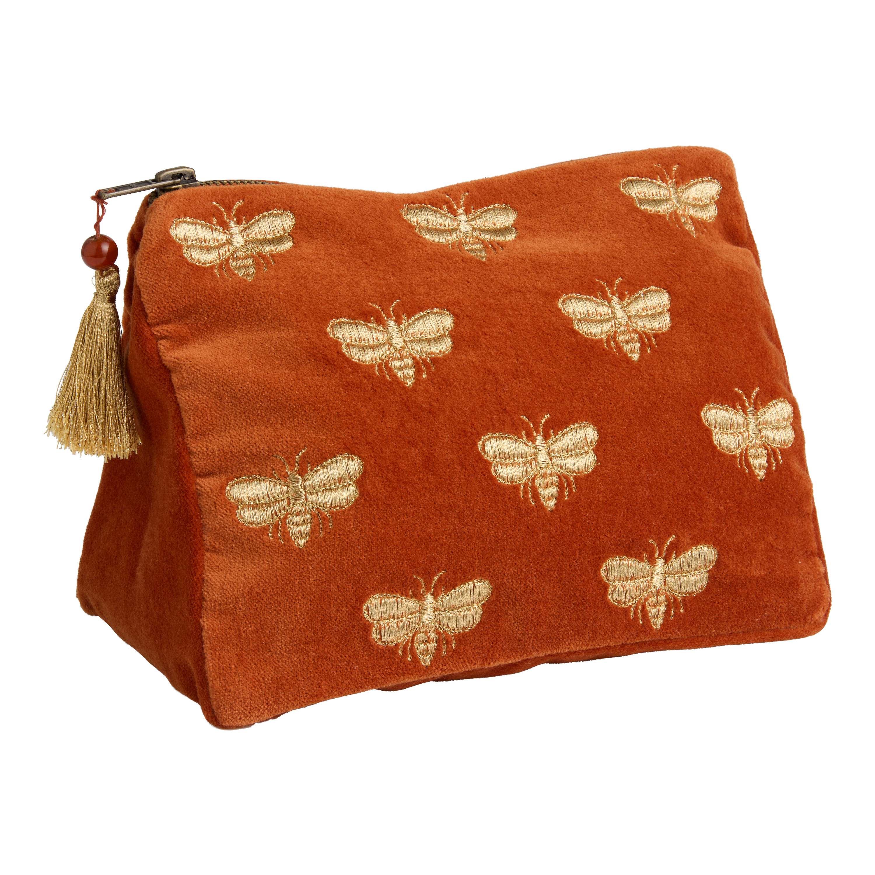 Rust and Gold Velvet Embroidered Bee Zip Pouch | World Market