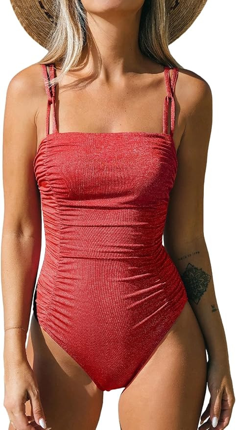 CUPSHE Women's One Piece Swimsuit Tummy Control Square Neck Bathing Suit Ruched Adjustable Straps | Amazon (US)
