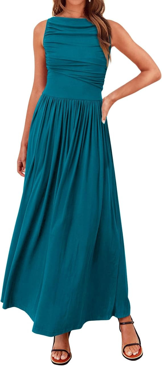 BTFBM Women Casual Dress 2025 Summer Sleeveless Ruched Maxi Dresses Boat Neck High Waist Lightwei... | Amazon (US)