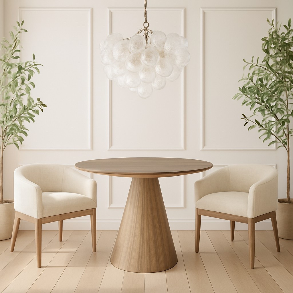 A cozy and elegant nook designed for intimate moments. The wood pedestal table, soft linen chairs, and bubble glass chandelier create a perfect balance of warmth, style, and modern charm.


#LTKHome