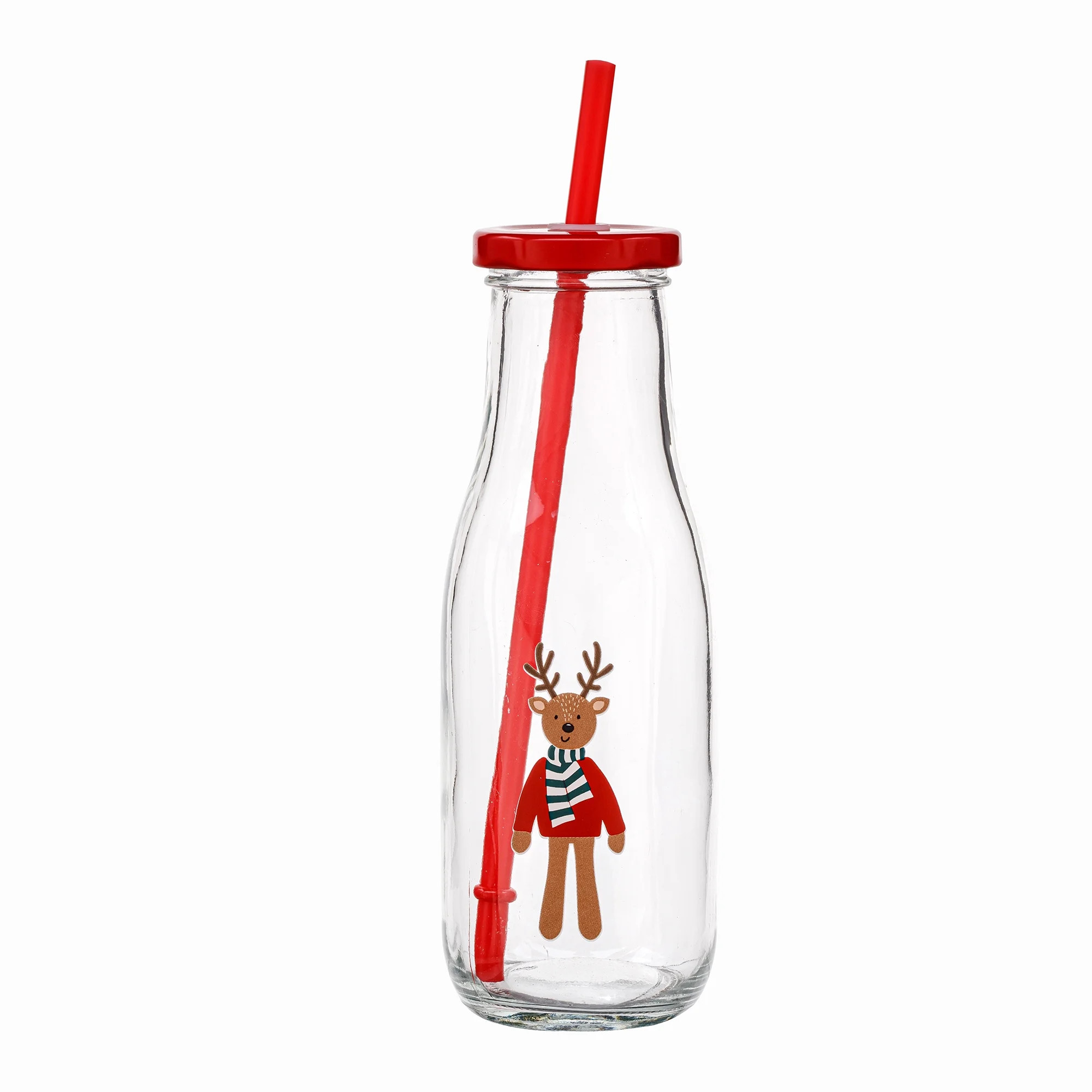 Holiday Time Deer Glass Milk Bottle with Straw 14oz, Holiday Time Deer Milk Bottle with Straw - W... | Walmart (CA)