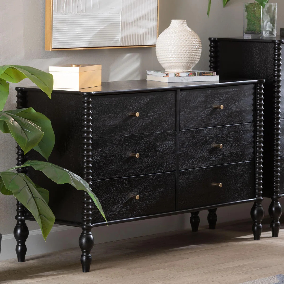 Baxton Studio Rockwell Spindle Dresser - 6-Drawer Farmhouse Horizontal Cabinet with Turned Accent... | Wayfair North America