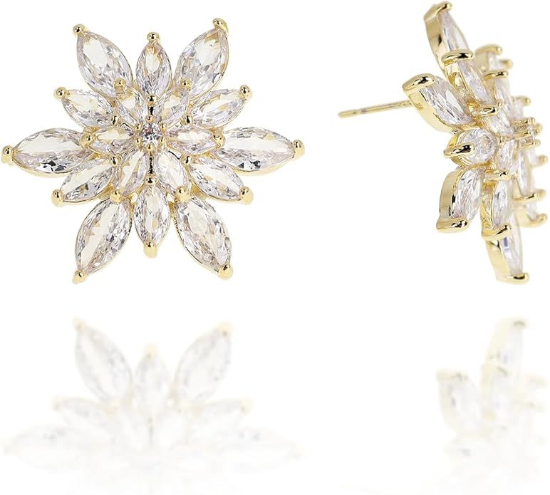 Sonateomber Large Crystal Cubic Zirconia Enamel Statement Flower Gold Stud Earrings for Women - C... | Amazon (US)