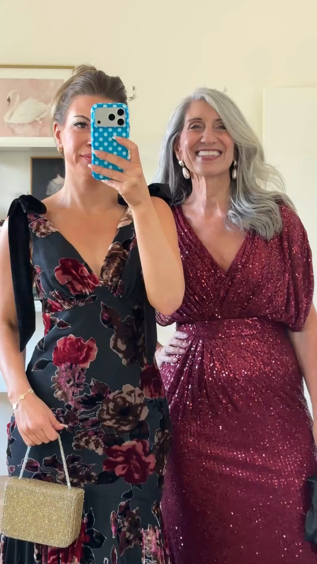 Mother of the Bride | Mother of the Groom | Wedding Guest and Rehearsal Dinner Dresses

Emerson's black velvet burnout florals come with velvet bows tied at the shoulders, a V-neck that elongates the neckline, and a tiered skirt that flares for easy movement.

Claudia's burgundy sequins wrap into a V-neck and gather at the waist, smoothing the midsection, while the dolman sleeves cover the upper arms without feeling heavy or stiff.

Save this and share it with a friend who's shopping. 💌

Claudia | 5'4½" | 135 | medium or 6
Emerson | 5'4" | 130 | small or 2

Wedding Guest Dress | Fashion over 50 | Mother of the Bride | Mother of the Groom | Black Tie | Formal Gown | Winter Wedding | Fall Wedding | Tummy Flattering Dresses | Special Occasion