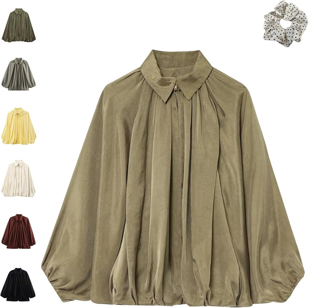 Balloon Sleeve Jacket, Oversized Batwing Sleeve Lapel Collar Zip Front Pleated Shirt, Puffed Bomb... | Amazon (US)